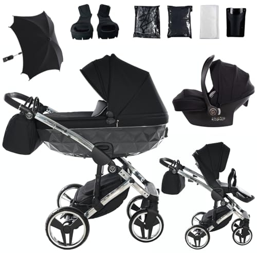 Junama Kinderwagen Diamond S 01 Schwarz und Silber - 2in1 3in1 4in1 mit Sonnenschirm (3 in 1 mit Autositz)