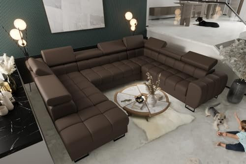 Friderik Ecksofa Aspen MAX I Ledersofa U-Form 265x350x225 cm Schlaffunktion Zwei Bettkasten L-8 (Braun, Links)