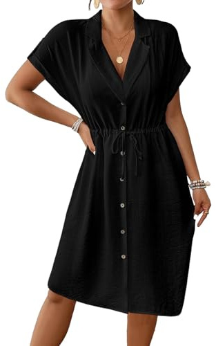Genfien Sommerkleid Damen Knielang Kurzarm | Blusenkleid,Elegant,V-Ausschnitt,Midikleid,Casual,Strandkleid mit Taschen