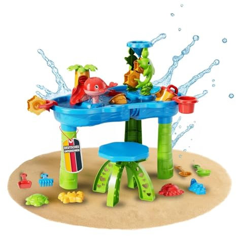 Coemo Sand- und Wasserspieltisch NARIUS L, 1 Hocker, Wassertisch Kinder Outdoor für Wasserspiele draußen, Balkon und Garten, Matschtisch mit Sandkastenspielzeug, Eimer, Schaufel, Gießkanne, Wasserrad