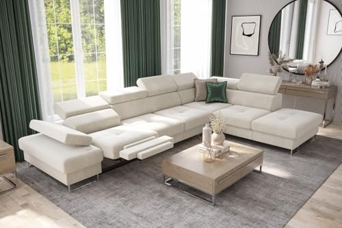 Friderik Ecksofa Galaxy Relax mit Schlaffunktion, Bettkasten, 225×350 cm, Stoff Terra, Relaxfunktion, verstellbaren Kopfstützen & Armlehne (Creme, Rechts)