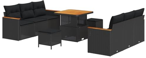 vidaXL Garten-Sofa-Set mit Kissen 9 pcs Schwarz Poly Rattan, Garten und Terrasse, Modernes Modular Sofa Set, Verstellbare Füße, Langlebiges Outdoor-Loungemöbel, Rattan Terrasse