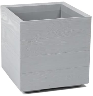 LAMELA Bac à Plantes sur roulettes 40 cm, 36 L - Pot de Fleurs en Plastique Effet Bois - Cache-Pot avec Drainage - Intérieur & extérieur - Résistant aux intempéries et Facile d’Entretien, Gris Clair