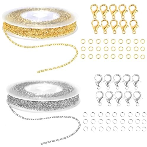 Alfven Schmuckherstellung Kette,2 Rollen 6 Meter Edelstahl DIY Link Kette Schmuckherstellungsketten mit 60 Sprung Ringe und 20 Karabinerverschlüsse für DIY Armband Kette Schmuckherstellung