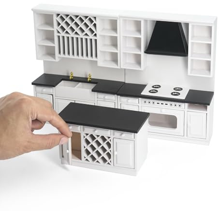 Odoria Puppenhaus Küchenzeile Miniatur Küchenmöbel: 1/12 Maßstab Küchentheke Spüle Backen Ofen Herd Modern Weiß - Mini Kücheninsel Schrank Holz Modell - Mikro Kochen Möbel Diorama DIY Handwerk