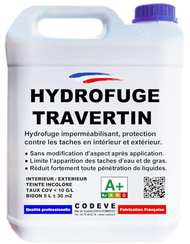 Hydrofuge Travertin - Codeve Bois - 5L - Intérieur/extérieur - Protection Contre Les Taches En Intérieur Et Extérieur.