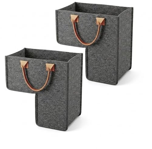 Treppen Organizer Korb 2er Set, L-Form Treppenkorb aus Filz mit Kunstleder Griff, Faltbarer Stufenkorb für Holz- & Teppichtreppen, Aufbewahrung für Wäsche, Spielzeug, Bücher, Grau