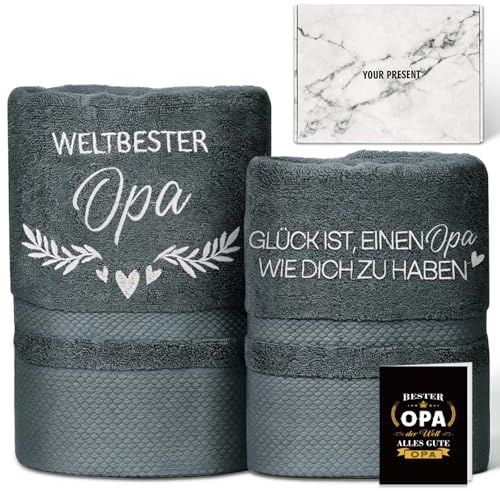YSUVIN Opa Geschenk 2-teiliges Set 100% Baumwolle Bestickte Handtücher | Bester Geschenke für Opa Geburtstag und Vatertag - Badehandtuch 50 x 100 cm + Handtuch 35 x 75 cm, Graue