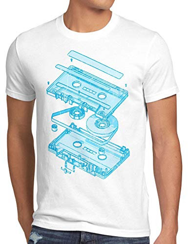 style3 DJ Tape Herren T-Shirt Kassette 3D Turntable Retro, Größe:L, Farbe:Weiß