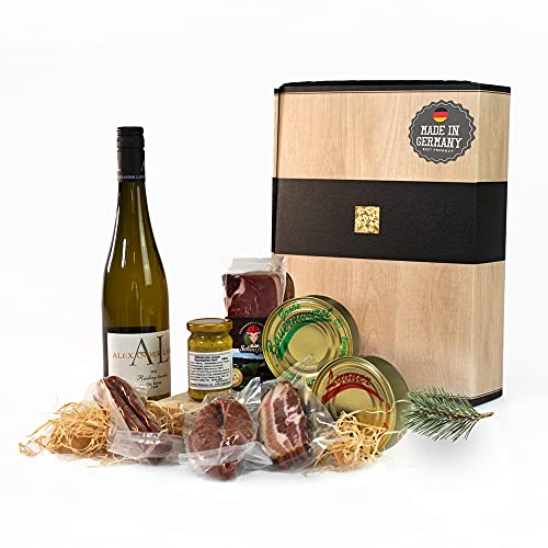 Schwarzwald Metzgerei - Geschenkset Vesper mit verschiedenen Wurtsspezialitäten, einem Gourmet-Senf und hervorragenden Weißwein - 8-teilig