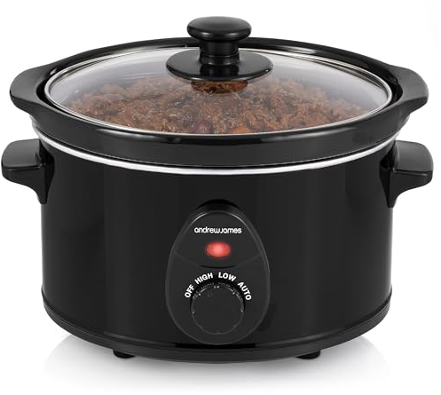 Andrew James 1.5L Slow Cooker, Removeable Easy Clean Ceramic Bowl, 3 Temperature Settings, Energy Efficient, Tempered Glass Lid, Cool Touch Handles & Non-Slip Feet (Black)