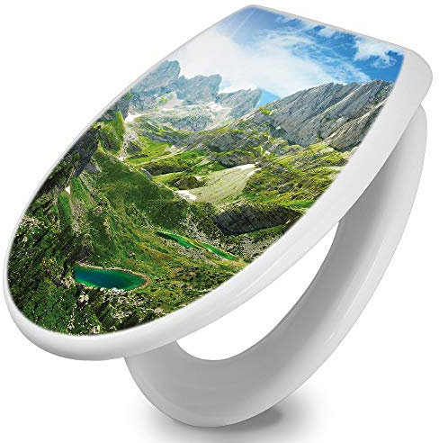 banjado Toilettendeckel mit Absenkautomatik 44,5x37cm / WC Brille Soft Close/hygienischer Toilettendeckel/Klodeckel Duroplast Edelstahl Scharniere einfache Montage/Motiv Bergsee Alpen