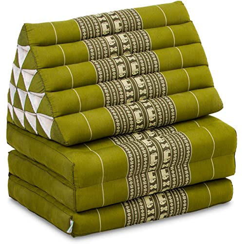 livasia Thaikissen 3 Auflagen extrahoch - 185x55x8cm - Dreieckskissen mit Klappmatratze, Kapok, Jumbo Rückenkissen faltbar, Thaimatte Klappen, handgefertigt, Meditationskissen (Grün/Elefanten)