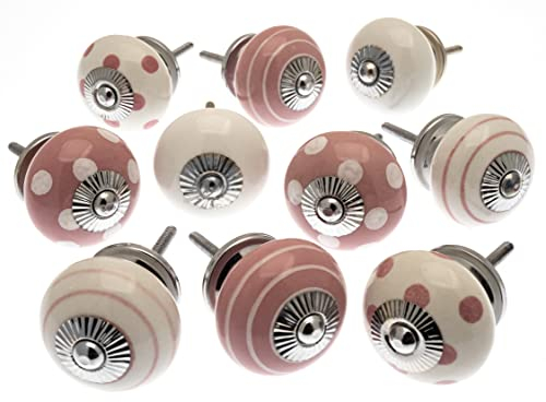Mango Tree gemischtes Set von 10 x Keramik-Schrankknäufen (MG-730) in altrosa und weißen Punkten und Streifen und Craquelé-Keramik, ™-registriertes Produkt