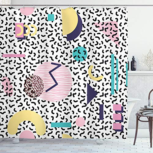 ABAKUHAUS 90er Jahre Duschvorhang, Retro Geometrische Formen, Stoffliches Gewebe Badezimmerdekorationsset mit Haken, 175 x 220 cm, Navy Gelb Pink