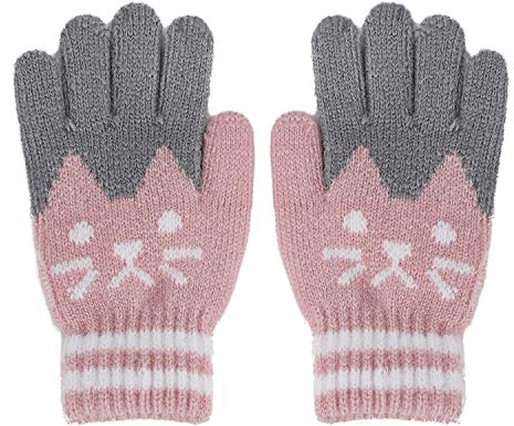 FakeFace Süße Kinder Fingerhandschuhe Gestrickte Handschuhe mit Katze Jungen Mädchen Winter Warme Kinderhandschuhe Strickhandschuhe 3-8 Jahre