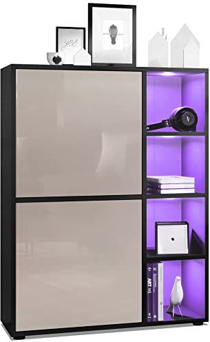 Vladon Highboard Schrank Anrichte Cuba mit 8 Fächern, Made in Germany, Korpus in Schwarz matt/Fronten in Sandgrau Hochglanz, mit RGB LED Beleuchtung