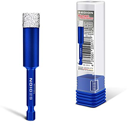 SEDION ® Fliesenbohrer 14mm Sechskant E 6.3 - Bohrer zum Bohren von harte Fliesen - Diamantbohrer 14 mm - Sedion Premium Qualität hochwertige Diamanten - kompatibel mit Bosch Makita uvm. Bohrmaschinen