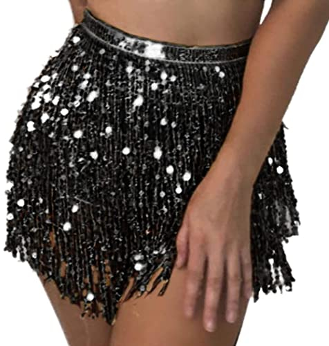 Flovel Damen Rock mit Pailletten Quaste Bauchtanz Hüfttuch Rave Kostüm Fransenrock Halloween Rave Outfit für Damen und Mädchen