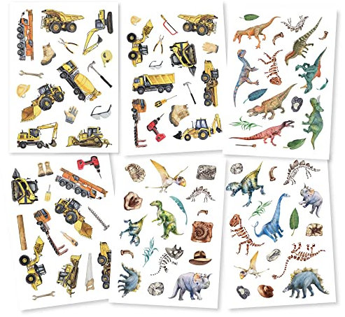 Pandawal® Tattoo für Kinder Dino - Baustelle Tattoos 6er Set perfekt für Kindergeburtstag Party Mitgebsel Hautfreundliche Temporäre Kindertattoos