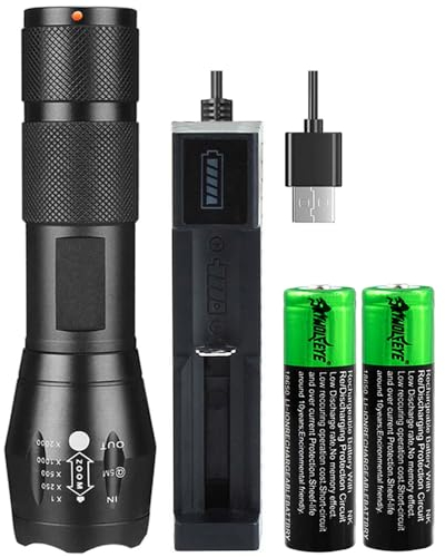 COXNSXX USB Rechargeable Torch Flashlight, Compact Torch with 2PCS 18650 Rechargeable Battery and 1-Slot USB Charger Suitable for Outdoor, Cycling,Fishing, Dog Walking, Waterproof, 5 Modes