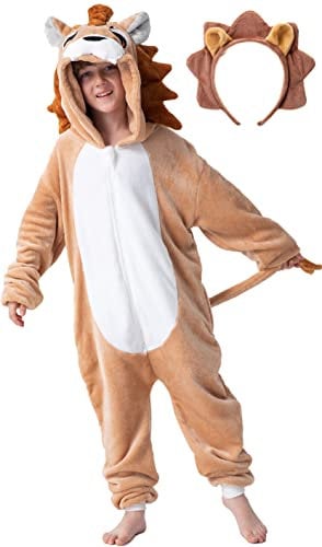 corimori Flauschiges Löwen-Kostüm für Kinder mit Haarreif | Karneval Fasching Kostüm Onesie für Mädchen, Jungen | Körpergröße 130-150cm