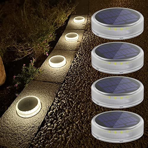 Soslina Luci Solari da Giardino, Lampade Solari da Giardino, Luci da Esterno Giardino Solari IP68 Impermeabile, Luce Solare Led Esterno per Vialetto Cortile Prato, Naturale Bianco, Rotondo, 4 Pezzi