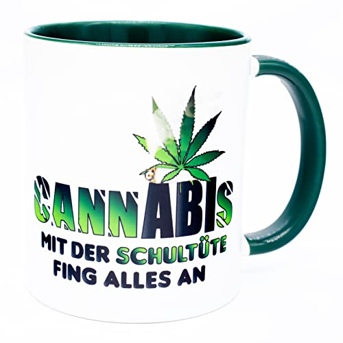 Cannabis mit der Schultüte fing Kiffertasse Chill mal Relax Tasse Becher Geburtstag Geschenk Lustig Idee Witzig Spruch Büro Marihuana Weed Artikel Kiffer Drogen Zubehör Gras Joint Deko thc Abi Tee
