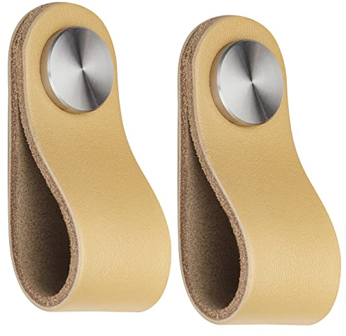 SOTECH 2 x Möbelknopf OSTERNAS helles Khaki (passend für 6 mm Bohrung) aus echtem Rindsleder und Schraubknöpfen aus echtem Edelstahl/Lederknopf mit Befestigungsschrauben/edler Möbelgriff