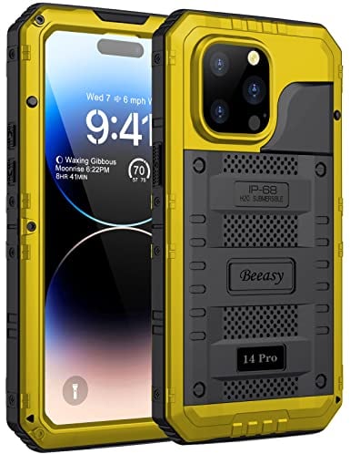 Beeasy für iPhone 14 PRO Wasserdicht Outdoor Hülle (6,1), Stoßfest Panzerhülle Militär 360 Grad Schutzhülle mit Displayschutz, Robust Metall Heavy Duty Handyhülle iPhone 14 Pro Case, Gelb