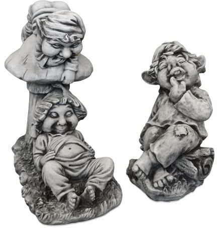 gartendekoparadies.de GNOME Freunde fürs Leben - Set, Steinfigur Wichtel, H. 48 cm / 36 cm, 32 kg / 15 kg, Grau, frostsicher aus Steinguss für Außenbereich
