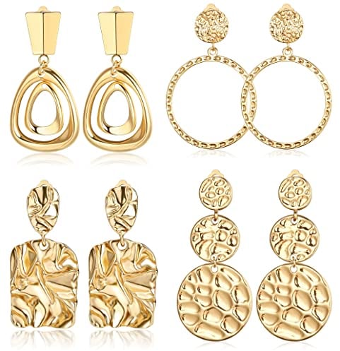 JeryWe 4 Paar Ohrclips Gold für Damen Statement-Ohrringe Geometrisch Baumelnd Rechteckige Quaste Teardrop Quadratisch Metall Rund Tropfen Anhänger Fake Ohrringe Ohrclips Ohne Ohrlöcher(Stil2)