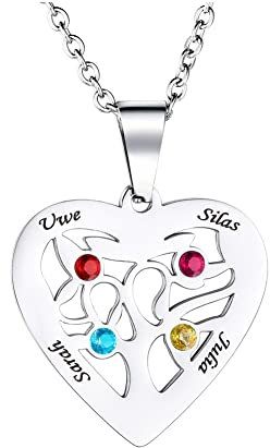 SPETYORT Collier Personnalisé Noms de Famille pour Femme Fille - Collier Pendentif Arbre de Vie en Cœur Gravure Prénom avec Pierres de Naissance Acier inoxydable Cadeaux Mères Maman Amies (4 Noms)