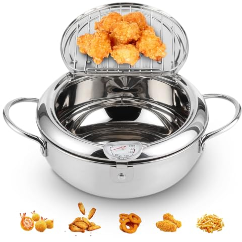 Olla para Freír Profunda Japonesa, Olla para Freír Tempura con Termómetro Cocina de Inducción Compatible con 24 Cm, Olla para Freír Japonesa de Acero Inoxidable 304 para Papas (tamaño pequeño 20cm)