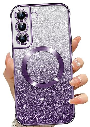 Phoona für Samsung Galaxy S22 Hülle, Magnetisch Handyhülle Kompatibel mit MagSafe, Keine Vergilbung, Kratzfeste, Ganzkörperschutz Glitzer Hülle für Samsung Galaxy S22 5G, Mit 2 Schutzfolie, Lila