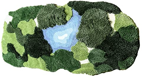 THRILRUG 3D-Moos-Teppich, rutschfest, Badematte, getufteter Teppich, ultraweich, waschbar, Kinderspiel, Pflanze, Blätter, geformt, Kinder, Haustiere, Bodenmatte für Schlafzimmer (Moss Lake, 52x88cm)