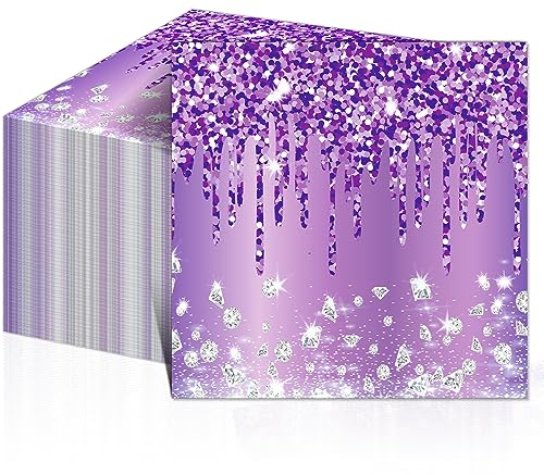 ZOIIWA Lot de 100 serviettes jetables sur le thème violet et argenté pour décorations de fête d'anniversaire – Serviettes violettes à paillettes pour filles et femmes – Fournitures de table à thème