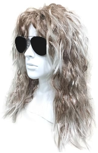 SKHAOVS 80er Rocker Perücke Weiß Herren 80er Jahre Vokuhila Perücke Rocker Punk Popstar Perücke Disco Punk Männlich Kostüm Für Fasching Karneval Motto Party Und Cosplay (Weiß)