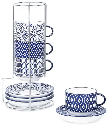 Selamica Ceramic Cappuccino Cups with Saucers and Metal Stand, 8 OZ Stackable Espresso Coffee Cups for Coffee, Latte, Americano, Tea, Set of 4, Vintage Blue