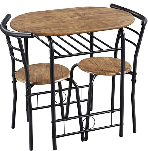 Yaheetech Set Mobili da Bar Tavolo e 2 Sedie Sala da Pranzo Cucina Piccoli Spazi Salvaspazio Balcone per 2 Persone in Legno e Metallo Sedia Portata 136 kg Marrone Retro