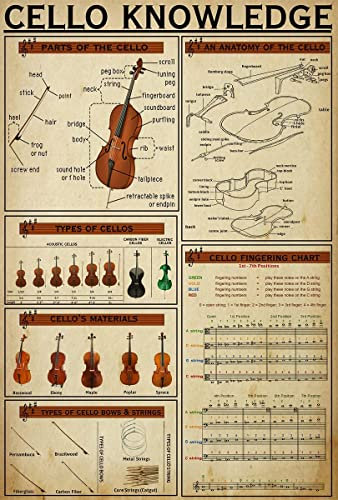 Cello Wissen Metallschild Vintage Musik Zimmer Dekor Plaketten Cellist Wissenschaft Infografik Poster für Home Club Wanddekoration 12x16 Zoll