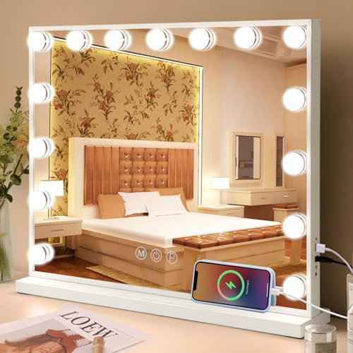 Fenair Hollywood Vanity Mirror with Lights 58x46 cm Vanity Mirror with 15 Dimmable Bulbs,3 Colors Modes,Makeup Mirror with USB Charging Port and 10X Detachable Magnification Mirror