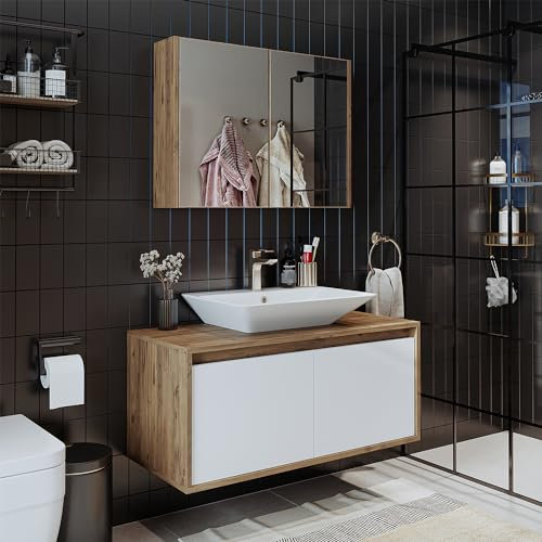 ROOMART • Badmöbel Set • Atlantic • 3-teilig • Keramik Waschbecken mit Unterschrank 65 cm, 85 cm, 100 cm, Spiegelschrank 80 cm (Weiß - Eiche, 100 cm)