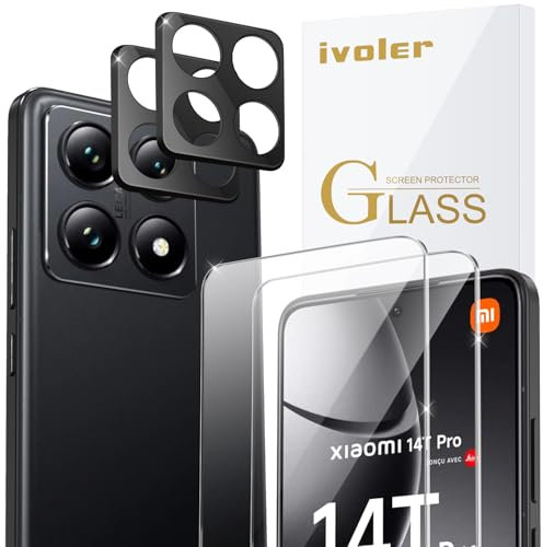 ivoler 2 Piezas Cristal Vidrio Templado Protector de Pantalla para Xiaomi 14T Pro, con 2 Piezas Protector de Lente de Cámara, 9H Dureza, Antiarañazos, Sin Burbujas