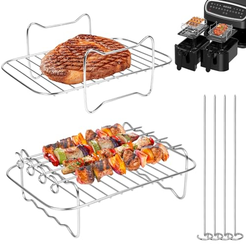 Juego de 2 estantes para freidora de aire, acero inoxidable, rejilla rectangular para freidora de aire, accesorios compatibles con horno Ninja de doble zona, microondas