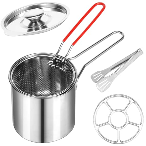 Deuson Deep Fryer with Strainer Basket and Handle Stainless Steel Fry Pot Food Grade Outdoor Fryer with Lid Portable Food Cooking Pot for Frying Fish Shrimp Chicken and Fries(C)