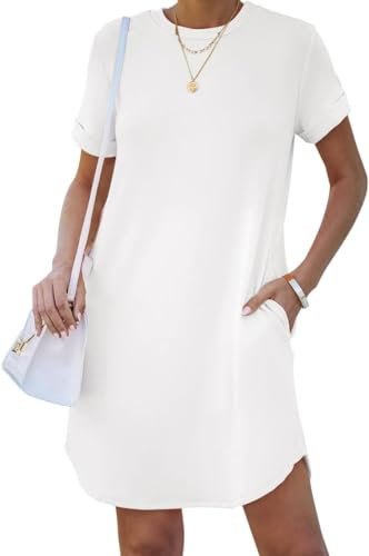 Imily Bela Damen Kleider Rundhals Sommerkleider Kurzarm Minikleid Lose Tshirt Kleid Freizeitkleid mit Taschen (Weiß, XL)