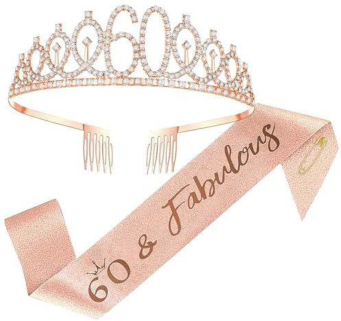 60th Birthday Sash and Tiara,Rhinestone Crown Headband for 60 Birthday Gift Glitter Crystal Hair Accessories Rose Gold Queen 60th Birthday Decoration for Girls Women Birthday Party Supplies