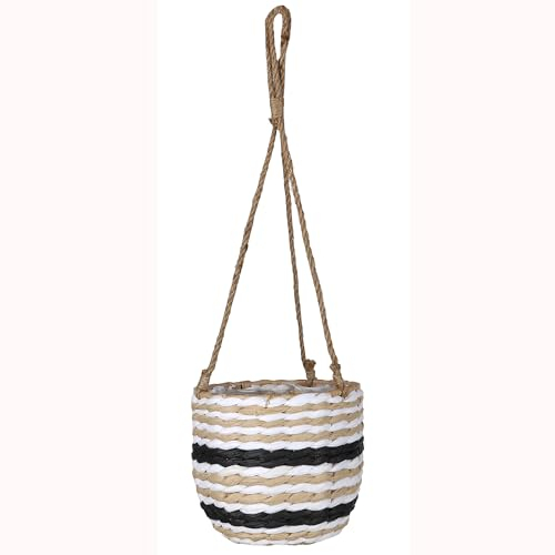 Annastore Blumenampel aus Raffia-Suspension Fasern zum Hängen 14 x 10 x 45 cm (L/B/H) Ampel zum Hängen - Pflanzschale zum Hängen Farbe Hellbeige mit Ringe
