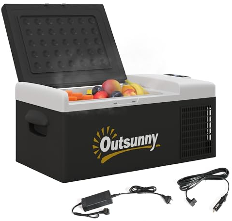 Outsunny Nevera Compresor Portátil 16L Refrigerador de Coche -20℃-10℃ 12 / 24V DC y 100-240V CA con Modos Eco/MAX para Camping Viajes 60x32x26 cm Negro y Gris